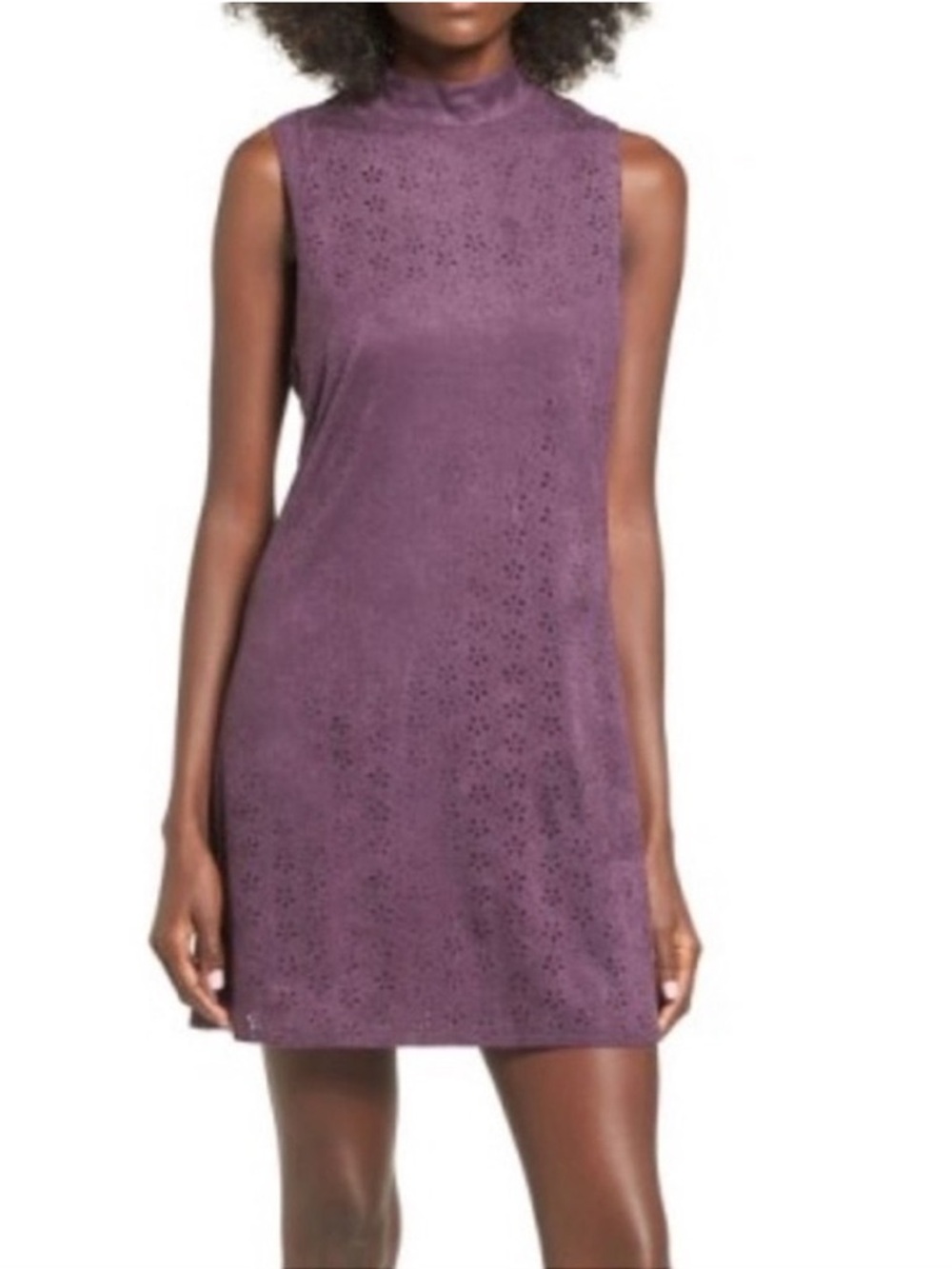 Trixxi Women's High Neck Faux Suede Floral Mini‎ Shift Dress Eyelet Purple Small
